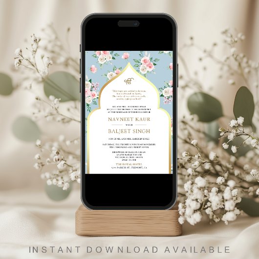 Zacht Blauw Roze Bloemen Anand Karaj Sikh Bruiloft Kaart