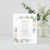 Zacht blauw roze bloemen Botanische bruiloft Progr (Staand voorkant)