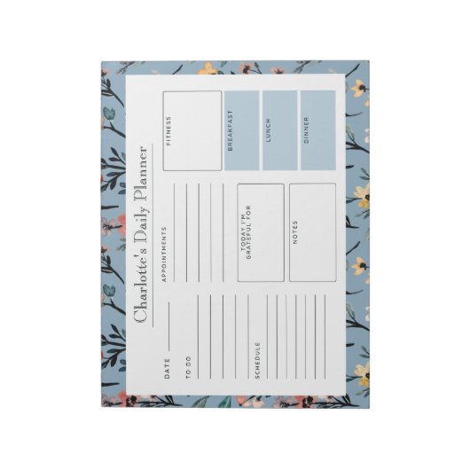 Zacht Blauw Rustiek Boho Waterverf Bloemen Custom Notitieblok (Linkerzijde)