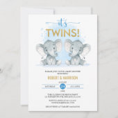 Zacht blauw Waterverf tweeling olifant Baby shower Kaart (Voorkant)