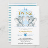 Zacht blauw Waterverf tweeling olifant Baby shower Kaart (Voorkant / Achterkant)