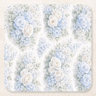 Zacht Blauw Witte Aquarel Bloempatroon Elegant Kartonnen Onderzetters