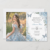 Zacht Blauw Zilver Zoet 16 Vlinder Verjaardag Foto Kaart (Voorkant)