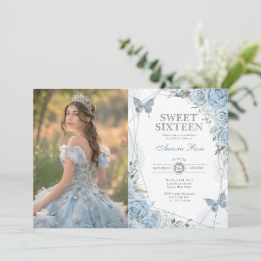 Zacht Blauw Zilver Zoet 16 Vlinder Verjaardag Foto Kaart (Staand voorkant)