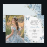 Zacht Blauw Zilver Zoet 16 Vlinder Verjaardag Foto Kaart<br><div class="desc">De perfecte uitnodiging voor je dochter's lieve 16 is eindelijk hier! Deze chique uitnodiging heeft elegante waterverf stoffige blauwe rozen,  zoete vlinders en modern geometrisch zilveren lijst. Klik op de knop "Verder aanpassen" als u de stijl en plaatsing van de tekst opnieuw wilt rangschikken en opmaken.</div>