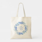 Zacht blauwe bloemenkrans gepersonaliseerd cadeau tote bag (Achterkant)