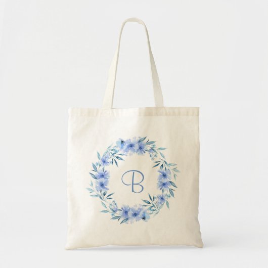 Zacht blauwe bloemenkrans gepersonaliseerd cadeau tote bag (Voorkant)
