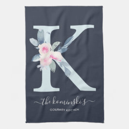 ZACHT BLUSH BLAUW NAVY BLOEMALFABETTEN LETTER K THEEDOEK