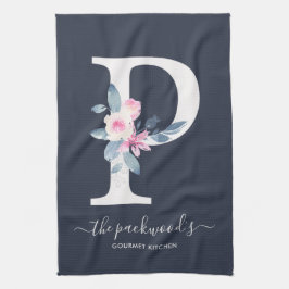 ZACHT BLUSH BLAUW NAVY BLOEMALFABETTEN LETTER P THEEDOEK