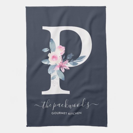 ZACHT BLUSH BLAUW NAVY BLOEMALFABETTEN LETTER P THEEDOEK (Verticaal)