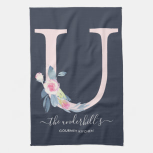 ZACHT BLUSH BLAUW NAVY BLOEMALFABETTEN LETTER U THEEDOEK