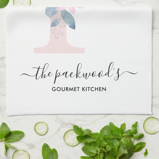 ZACHT BLUSH BLAUW WIT BLOEMALFABETTEN LETTER P THEEDOEK (Gevouwen)