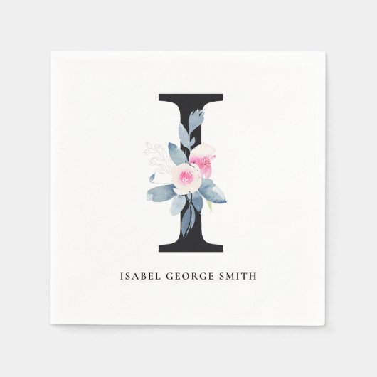 ZACHT BLUSH BLAUW ZWART BLOEMALFABETTEN LETTER I SERVET (Voorkant)