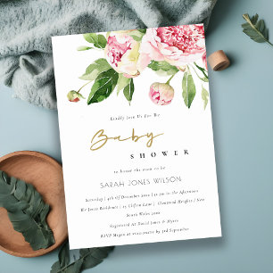 Zacht Blush Floral Peony Waterverf Baby shower Kaart