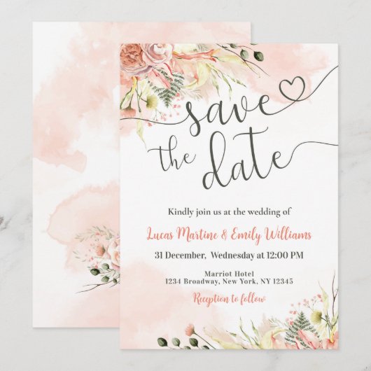 Zacht Blush Pink Floral Wedding Save the Date Kaar Kaart (Voorkant / Achterkant)