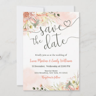 Zacht Blush Pink Floral Wedding Save the Date Kaar Kaart