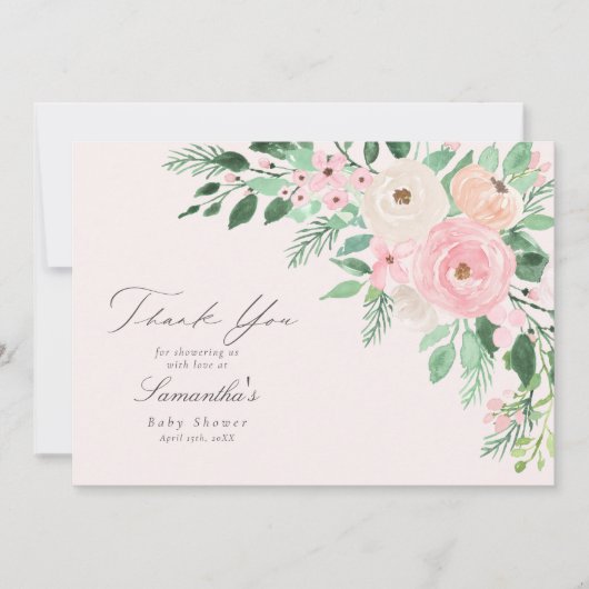 Zacht Blush Pink Spring Floral Baby shower Bedankkaart (Voorkant)