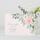 Zacht Blush Pink Spring Floral Baby shower Bedankkaart (Staand voorkant)