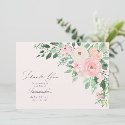 Zacht Blush Pink Spring Floral Baby shower Bedankkaart (Staand voorkant)