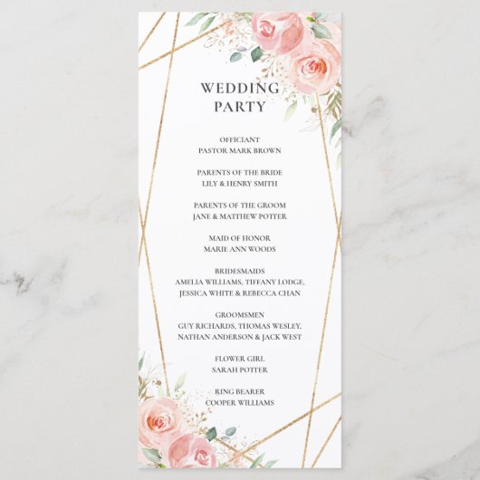 Zacht Blush Roze Bloemen Geometrisch Huwelijksprog Programmakaart (Achterkant)