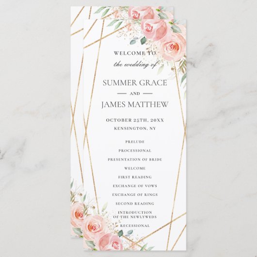 Zacht Blush Roze Bloemen Geometrisch Huwelijksprog Programmakaart (Voorkant / Achterkant)