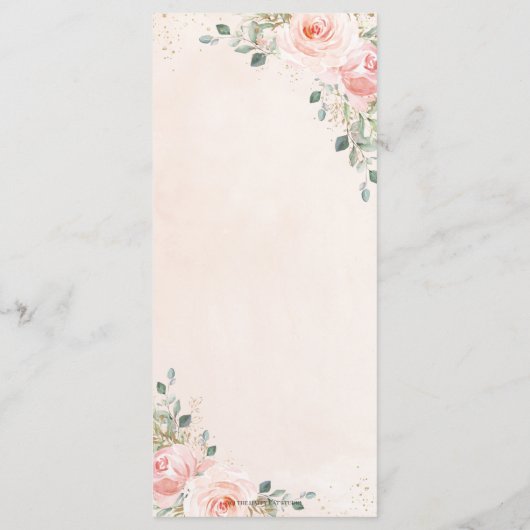 Zacht Blush Roze Bloemen Goud Blad Bruiloft Menu (Achterkant)
