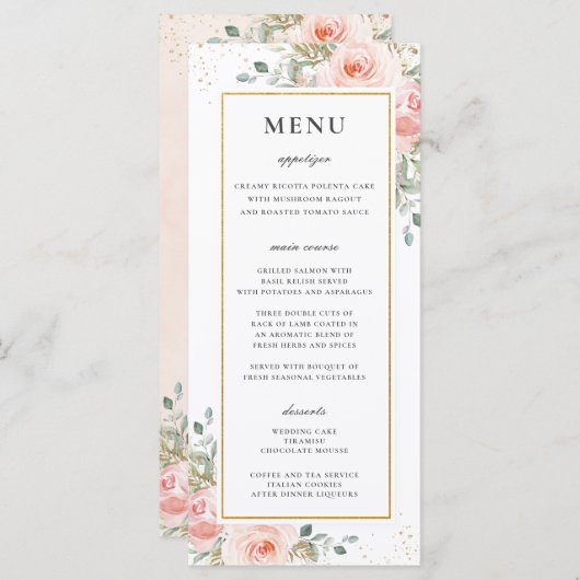 Zacht Blush Roze Bloemen Goud Blad Bruiloft Menu (Voorkant / Achterkant)