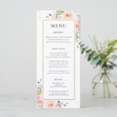 Zacht Blush Roze Bloemen Goud Blad Bruiloft Menu (Staand voorkant)