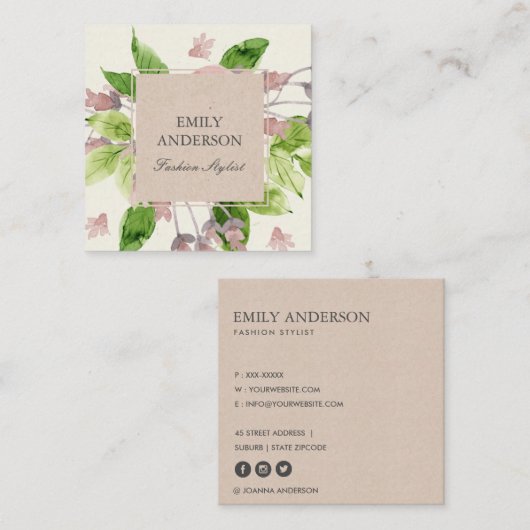 ZACHT BLUSH ROZE GROENE WATERVERF BLOEMIG VIERKANTE VISITEKAARTJE (Voorkant / Achterkant)