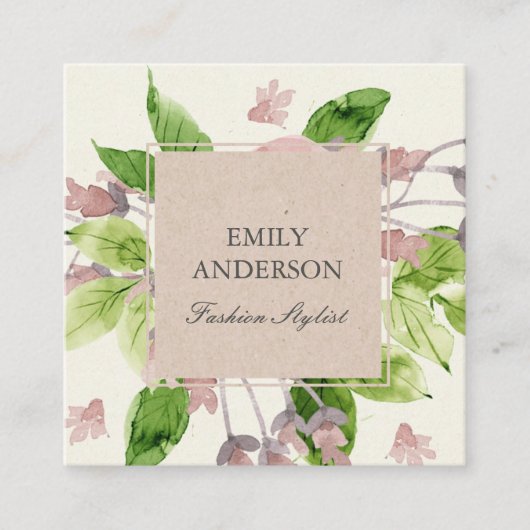 ZACHT BLUSH ROZE GROENE WATERVERF BLOEMIG VIERKANTE VISITEKAARTJE (Voorkant)