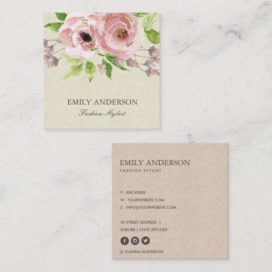 ZACHT BLUSH ROZE GROENE WATERVERF BLOEMIG VIERKANTE VISITEKAARTJE (Voorkant / Achterkant)