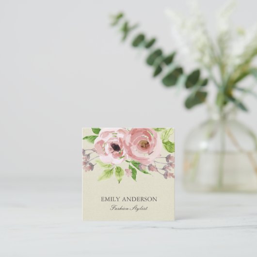 ZACHT BLUSH ROZE GROENE WATERVERF BLOEMIG VIERKANTE VISITEKAARTJE (Staand voorkant)