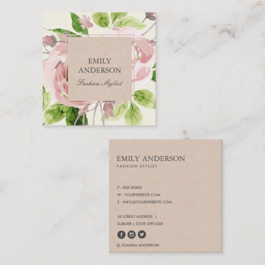 ZACHT BLUSH ROZE GROENE WATERVERF BLOEMIG VIERKANTE VISITEKAARTJE (Voorkant / Achterkant)