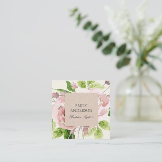ZACHT BLUSH ROZE GROENE WATERVERF BLOEMIG VIERKANTE VISITEKAARTJE (Staand voorkant)