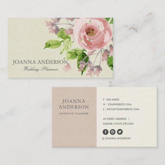 ZACHT BLUSH ROZE GROENE WATERVERF BLOEMIG VISITEKAARTJE (Voorkant / Achterkant)