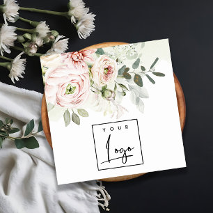 Zacht blush Roze pony Leafy Botanical Floral Logo Vierkante Visitekaartje