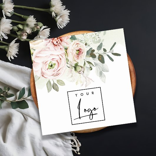 Zacht blush Roze pony Leafy Botanical Floral Logo Vierkante Visitekaartje