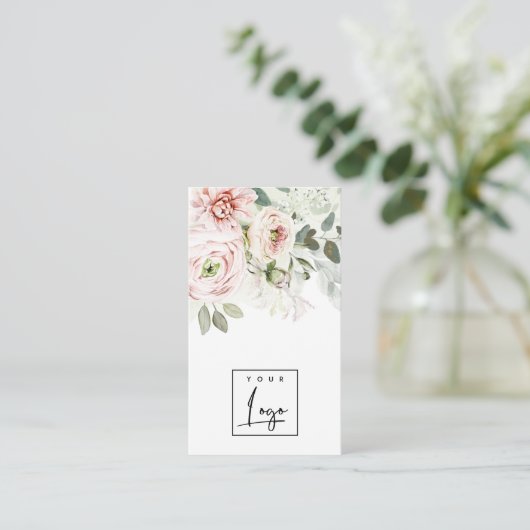 Zacht blush Roze pony Leafy Botanical Floral Logo Visitekaartje (Staand voorkant)