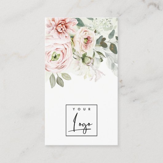 Zacht blush Roze pony Leafy Botanical Floral Logo Visitekaartje (Voorkant)