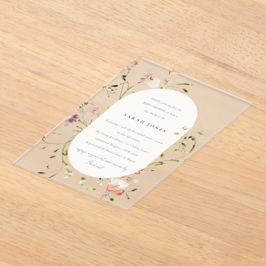 Zacht Blush Waterverf Floral Baby shower Acryl Uitnodigingen (Laagn)