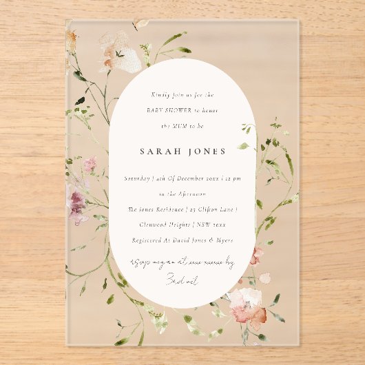Zacht Blush Waterverf Floral Baby shower Acryl Uitnodigingen (Voorkant)