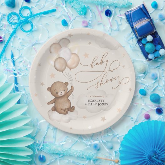 Zacht bruin Beer en ballonnen neutraal Baby shower Papieren Bordje (Feest)