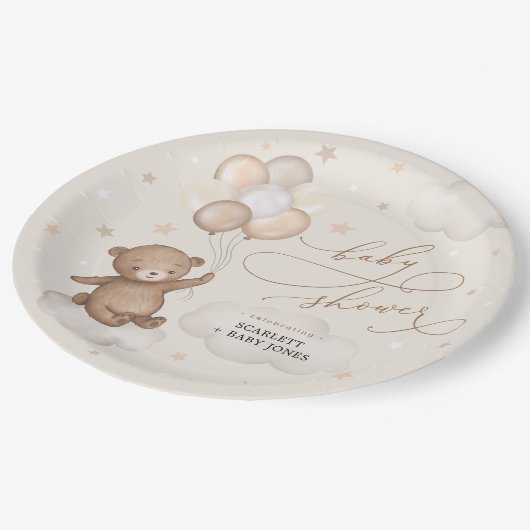 Zacht bruin Beer en ballonnen neutraal Baby shower Papieren Bordje (Gekanteld)