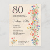 Zacht Elegant 80ste Verjaardagsfeest Bloemen 80 Ja Uitnodiging Briefkaart (Voorkant)