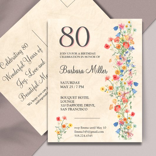 Zacht Elegant 80ste Verjaardagsfeest Bloemen 80 Ja Uitnodiging Briefkaart