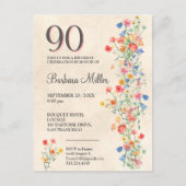 Zacht Elegant 90ste Verjaardagsfeest Bloemen 90 Ja Uitnodiging Briefkaart (Voorkant)