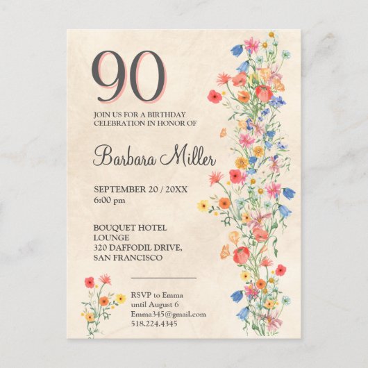 Zacht Elegant 90ste Verjaardagsfeest Bloemen 90 Ja Uitnodiging Briefkaart (Voorkant)