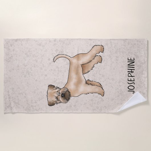 Zacht gecoate tarweterriër hond op beige met naam strandlaken (Voorkant)