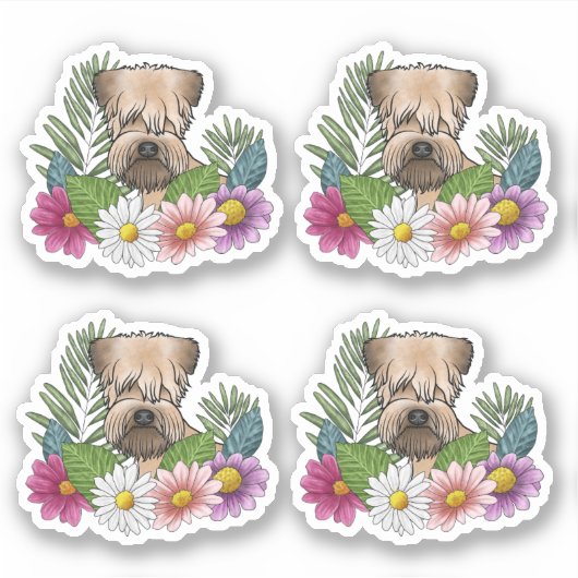 Zacht gecoate tarweterriër hoofd kleurrijke bloeme sticker (Voorkant)