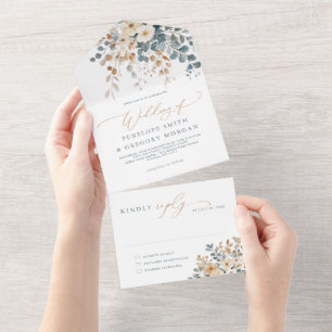 Zacht gedempte aardetinten bloemenbruiloft Waterve All In One Uitnodiging